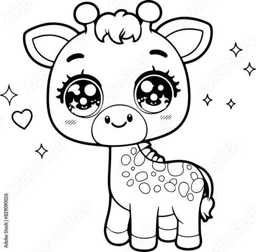 Girafe Line art dessin au trait style kawaii de personnage heureux pour page ou livre de coloriage pour enfant. Vecteur noir totalement transparent et isolé du fond. 