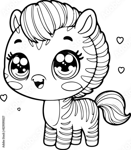 Zèbre Line art dessin au trait style kawaii de personnage heureux pour page ou livre de coloriage pour enfant. Vecteur noir totalement transparent et isolé du fond. 