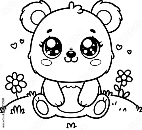 Ours ourson Line art dessin au trait style kawaii de personnage heureux pour page ou livre de coloriage pour enfant. Vecteur noir totalement transparent et isolé du fond. 