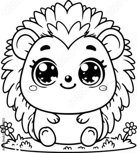 Hérisson Line art dessin au trait style kawaii de personnage heureux pour page ou livre de coloriage pour enfant. Vecteur noir totalement transparent et isolé du fond. 