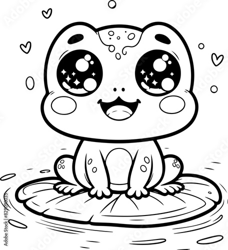 Grenouille sur nénuphar Line art dessin au trait style kawaii de personnage heureux pour page ou livre de coloriage pour enfant. Vecteur noir totalement transparent et isolé du fond. 