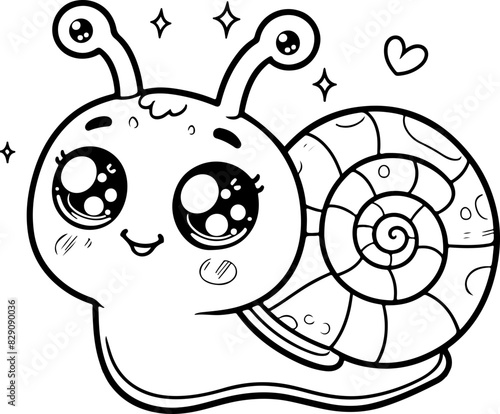 Escargot Line art dessin au trait style kawaii de personnage heureux pour page ou livre de coloriage pour enfant. Vecteur noir totalement transparent et isolé du fond. 