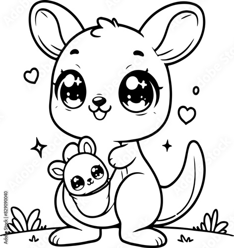 Kangourou et bébé Line art dessin au trait style kawaii de personnage heureux pour page ou livre de coloriage pour enfant. Vecteur noir totalement transparent et isolé du fond. 