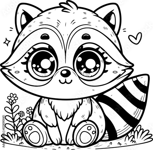 Raton laveur Line art dessin au trait style kawaii de personnage heureux pour page ou livre de coloriage pour enfant. Vecteur noir totalement transparent et isolé du fond. 