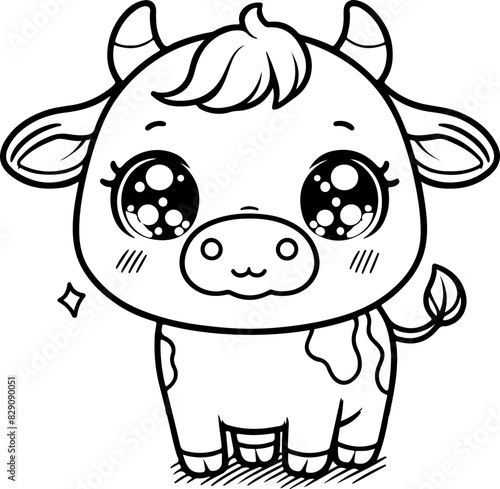 Animal ferme Line art dessin au trait style kawaii de personnage heureux pour page ou livre de coloriage pour enfant. Vecteur noir totalement transparent et isolé du fond. 