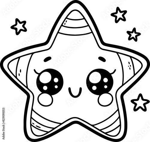 étoile avec petites étoiles Line art dessin au trait style kawaii de personnage heureux pour page ou livre de coloriage pour enfant. Vecteur noir totalement transparent et isolé du fond. 