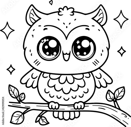 Hibou ou chouette Line art dessin au trait style kawaii de personnage heureux pour page ou livre de coloriage pour enfant. Vecteur noir totalement transparent et isolé du fond. 