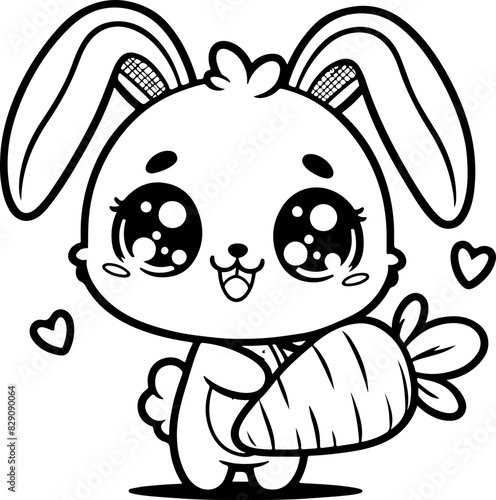 Lapin carotte Line art dessin au trait style kawaii de personnage heureux pour page ou livre de coloriage pour enfant. Vecteur noir totalement transparent et isolé du fond. 