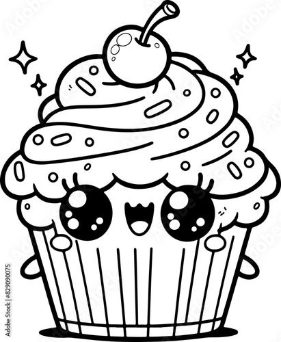 gâteau gourmand Line art dessin au trait style kawaii de personnage heureux pour page ou livre de coloriage pour enfant. Vecteur noir totalement transparent et isolé du fond. 