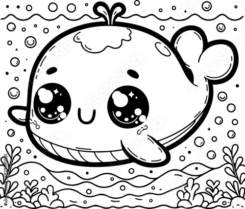 Baleine Line art dessin au trait style kawaii de personnage heureux pour page ou livre de coloriage pour enfant. Vecteur noir totalement transparent et isolé du fond. 