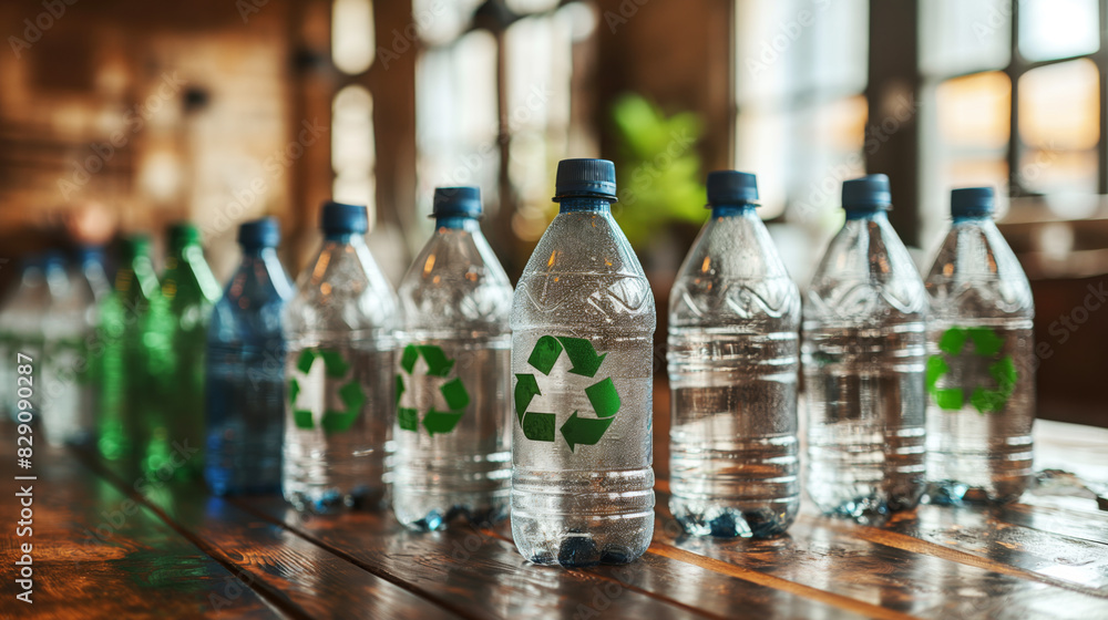 Plastic bottles with recycling symbols on a wooden table. Indoor scene. Recycling and sustainability concept. Plastic bottles with recycling symbols on a wooden table. Indoor scene. Recycling and sustainability concept.