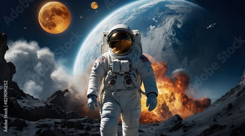 astronaut walking on sunshine, vfx explosions in the background, parting the sea, split the moon, summer breeze, big wave, tropical pacific Generative AI