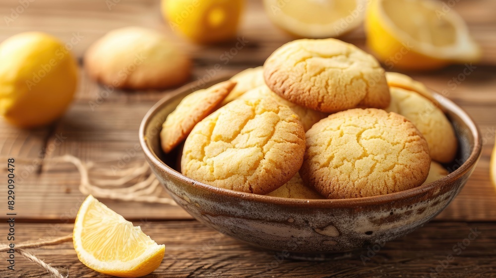 Homemade lemon cookies displayed in a bowl on a wooden table Homemade lemon cookies displayed in a bowl on a wooden table