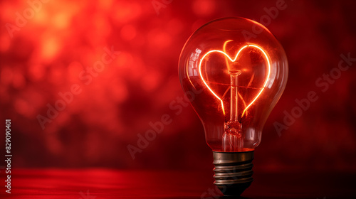 Light bulb with a heart shape glowing filament on a red background, Valentine day concept