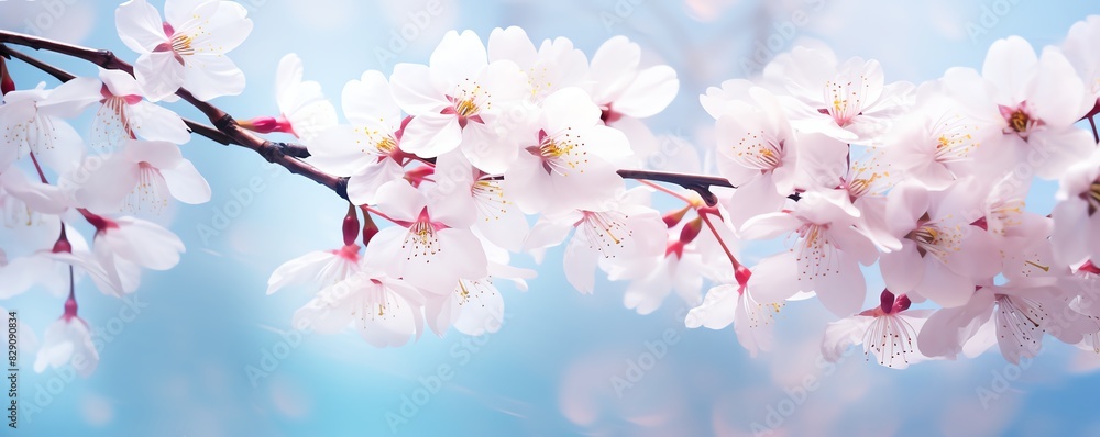 Elegant cherry blossom branches with soft pink flowers against a serene blue sky background, capturing the essence of spring. Elegant cherry blossom branches with soft pink flowers against a serene blue sky background, capturing the essence of spring.