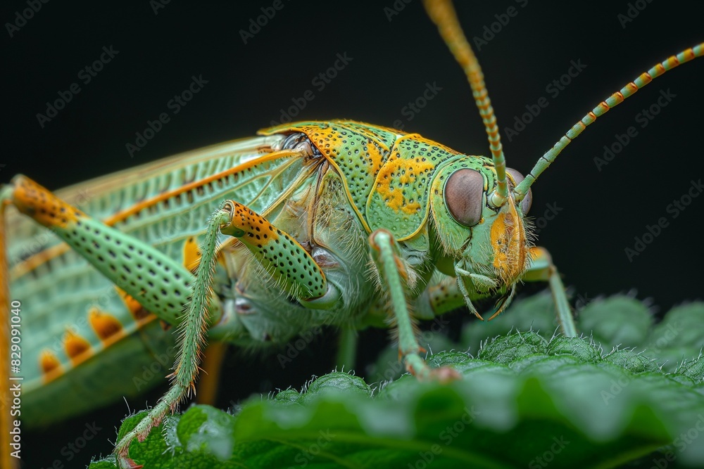 Fototapeta premium a bright green and yellow grasshopper sitting on green leaves