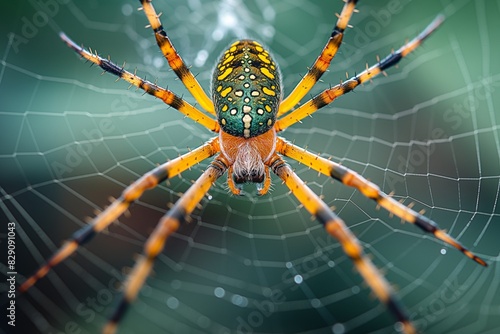 a yellow and black spider sitting in its web with a web hanging off it photo