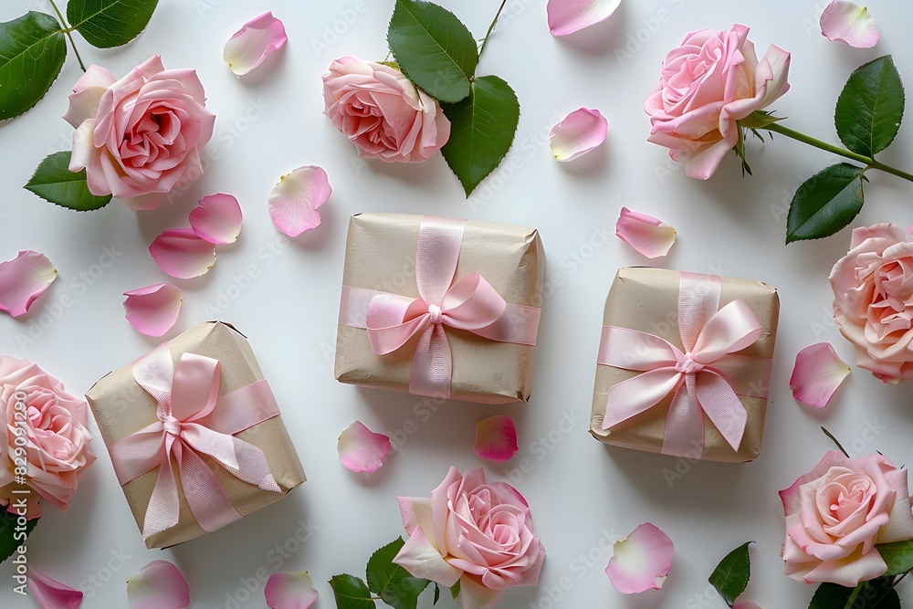 Two boxes pink bows flowers white surface Two boxes pink bows flowers white surface