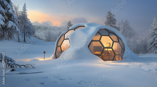 Modern abstract designer igloo with geometric shapes and LED lighting in a serene snowy landscape, blending cutting-edge design with natural beauty. photo