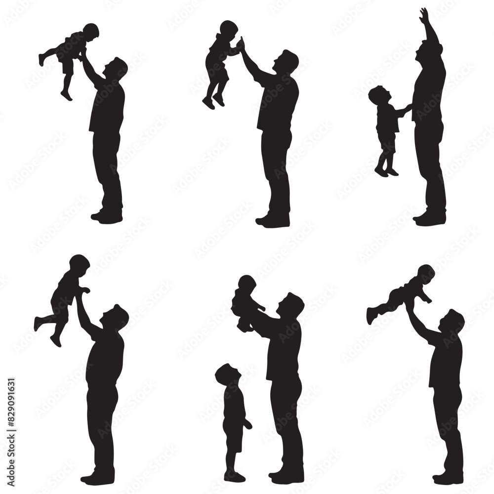 Obraz premium Dad with Children Silhouette Vector Set