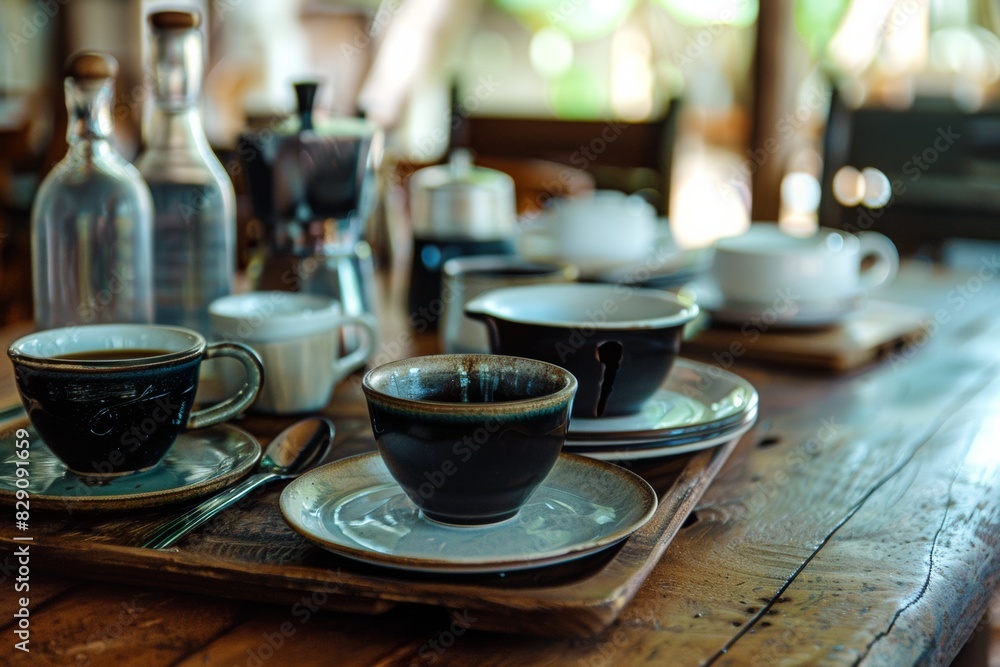 A wooden table is topped with cups and saucers in this inviting setting. Generative AI A wooden table is topped with cups and saucers in this inviting setting. Generative AI