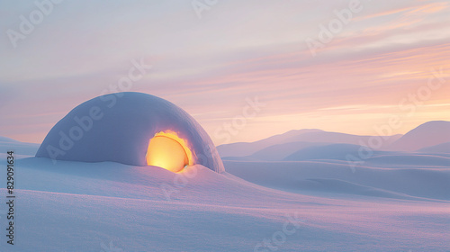 Igloo with inviting light in serene snowy landscape  showcasing human ingenuity and harmony with nature