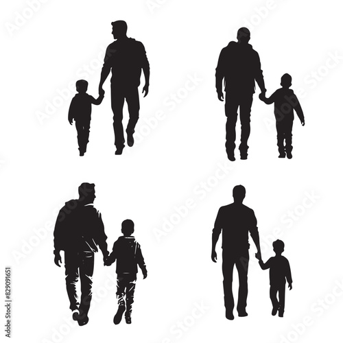 Dad Holding Son Hand Silhouette Vector Set