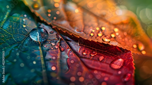 Close-up of a rain drop glistening on a colorful leaf, enhanced by intricate technological patterns to depict the union of nature and tech #829091865