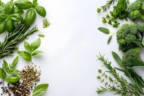 Assorted herbs spices on white surface