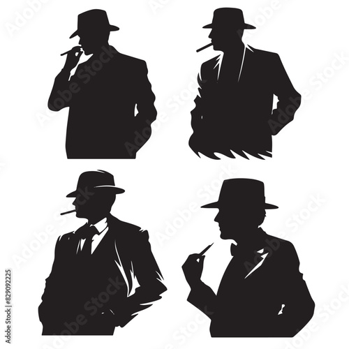 Man Retro Detective Silhouette Vector Set
