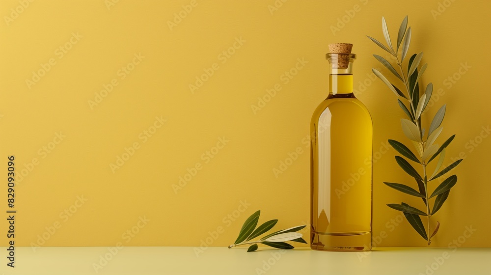 Olive Oil Bottle with Olive Branch on Colorful Wall Background Olive Oil Bottle with Olive Branch on Colorful Wall Background