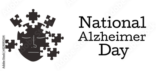 National Alzheimer Day banner. Portrait disintegrating into many puzzles. Conceptual vector  illustration. Dementia.