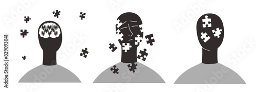 Alzheimer's disease concept set. A person loses himself, his memory, thinking. Dementia. Vector illustration.