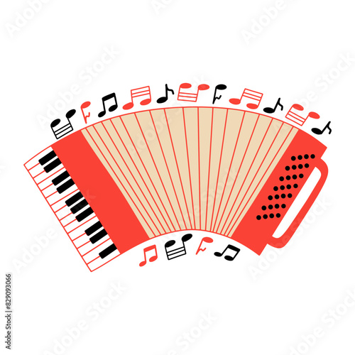 Hand-drawn musical instrument accordion with notes. Song and festival concept. Vector illustration