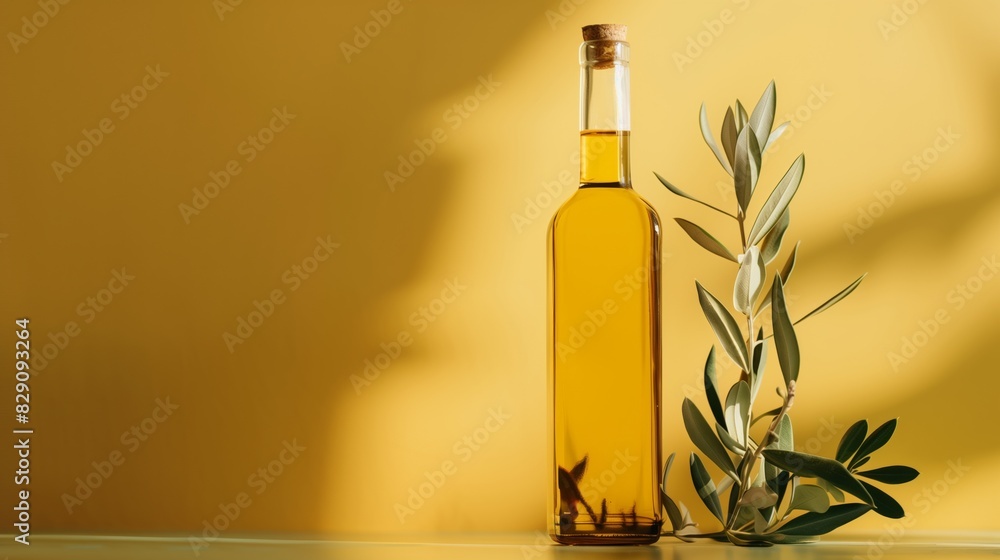 Olive Oil Bottle with Branch on Flat Wall - Commercial Photography Olive Oil Bottle with Branch on Flat Wall - Commercial Photography