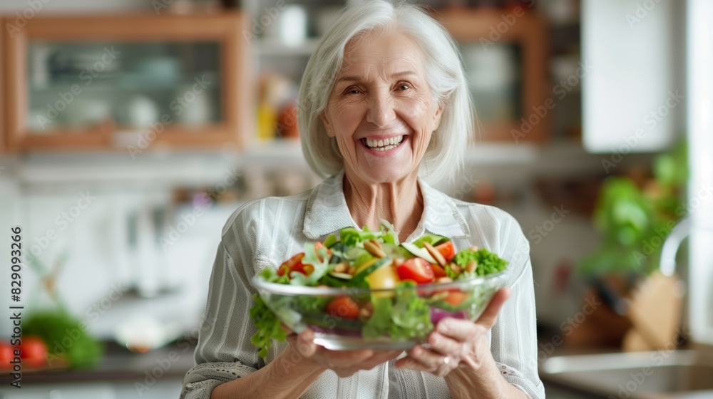 Happy Elderly Woman With Fresh Vegetable Salad in Kitchen