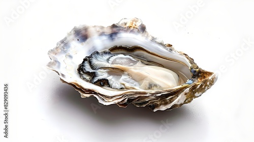 Open oyster shell on white background. Macro photography of seafood. Use for culinary and natural beauty content. Fresh and realistic detail. AI