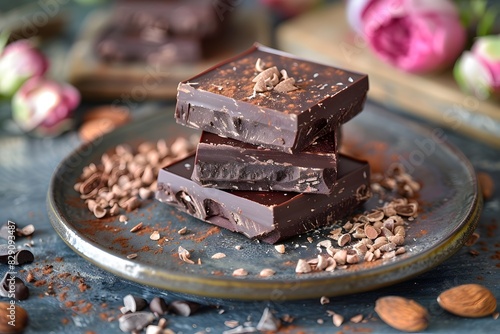 Three chocolates on plate with nuts photo