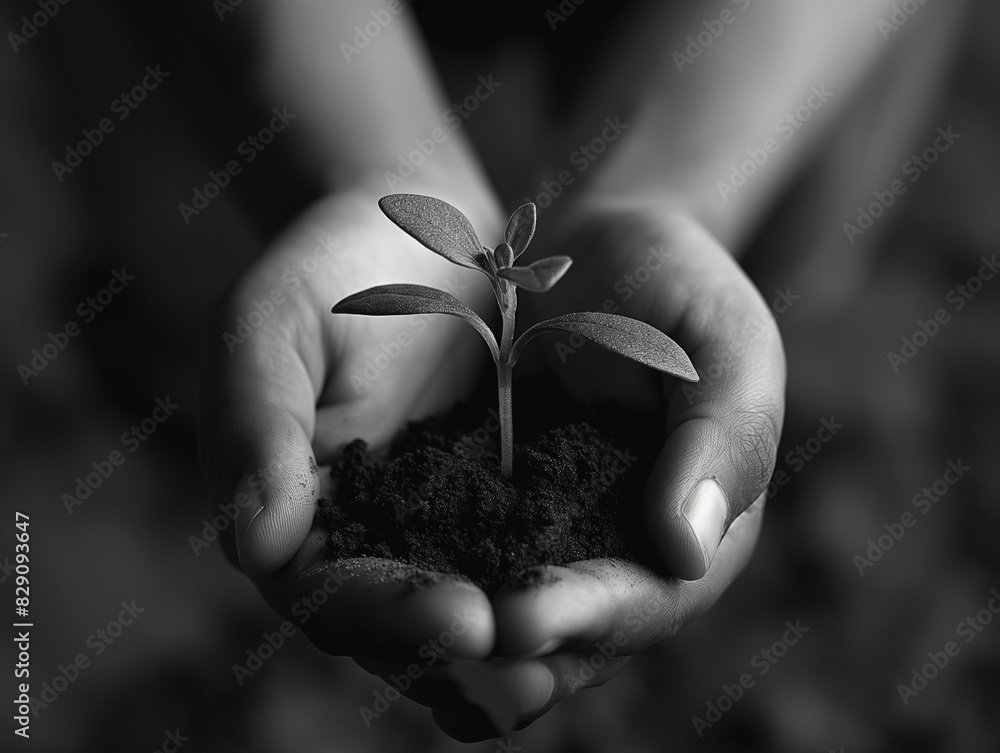 Monochrome image of hands gently holding a small plant growing in soil, symbolizing growth, nurturing, and sustainability; perfect for themes of nature, environmentalism, and life.