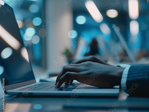 Business professional typing on a laptop in a modern office setting, showcasing productivity and technology with a sleek and contemporary atmosphere, ideal for corporate and tech-related themes.