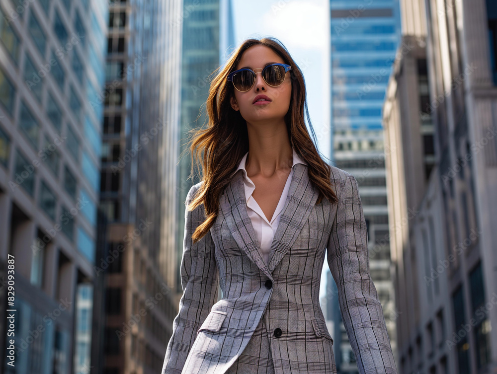 Confident businesswoman in stylish plaid suit and sunglasses walking in urban cityscape, exuding professionalism and modern fashion, perfect for corporate and lifestyle imagery.