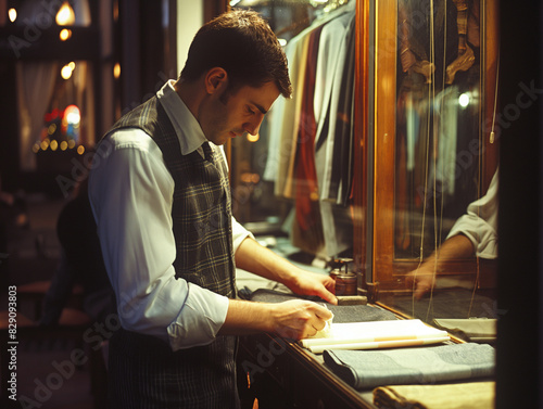 Tailor working meticulously in a vintage clothing store, showcasing artisanal craftsmanship and attention to detail, perfect for highlighting traditional tailoring and bespoke fashion services.