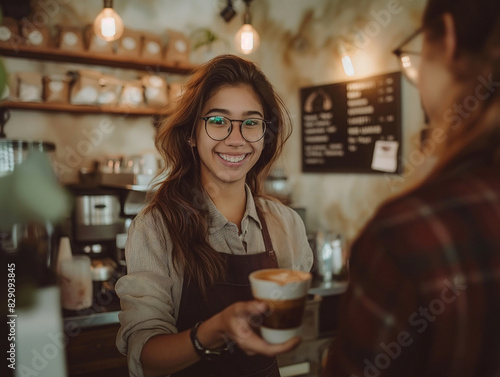 Friendly barista serving a cup of freshly brewed coffee in a cozy  inviting cafe with warm lighting and a rustic atmosphere  perfect for coffee lovers and intimate gatherings.