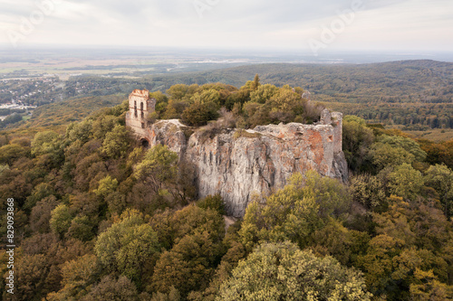 Aerial drone photo of the old Pajstun Castle ruins in autumn, Slovakia