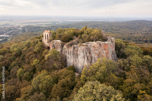 Aerial drone photo of the old Pajstun Castle ruins in autumn  Slovakia