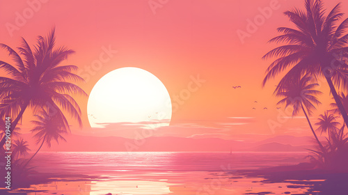 Sunset on the beach. Tropical sunset with pink sky sunset  ocean  palm silhouettes. Summer vibes concept. Paradise dream. Pink peach color wallpaper in 2024 color trend