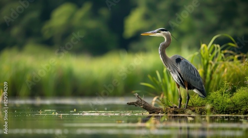 A majestic blue heron perched on the banks of a marsh Edwin B Forsythe National Wildlife Refuge Galloway New Jersey photo