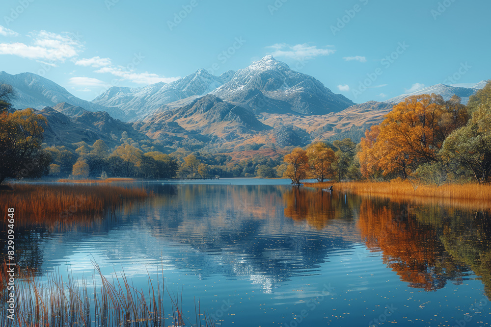 The tranquil expanse of a shimmering lake, its mirrored surface reflecting the vibrant hues of surrounding foliage and distant mountains. Concept of reflective waters. Generative Ai.