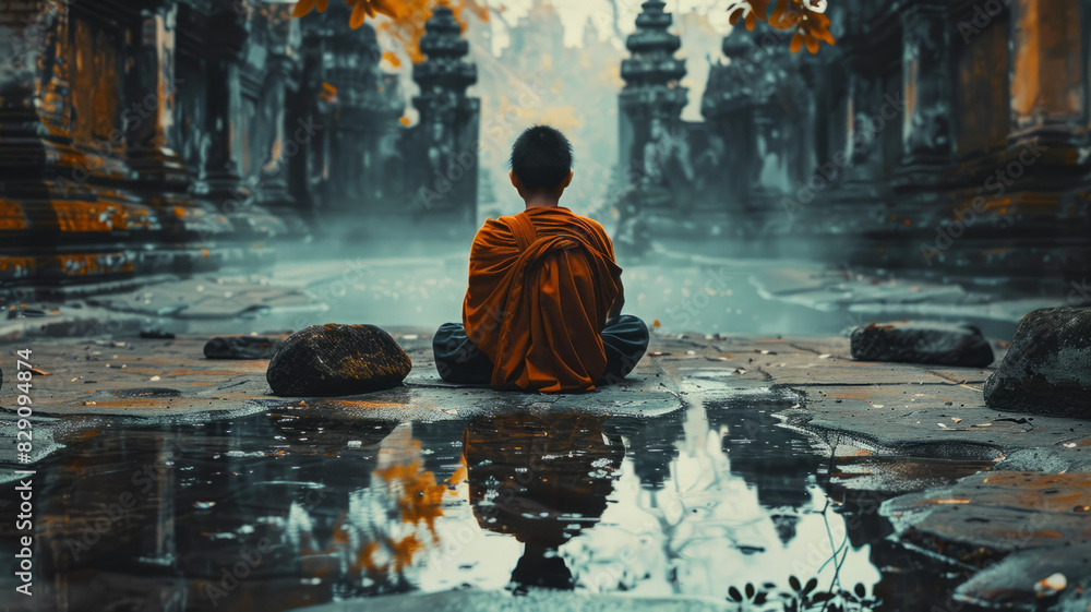 Watercolor paintings of Buddhist monks Was on a pilgrimage to an old temple in Ayutthaya. generative ai Watercolor paintings of Buddhist monks Was on a pilgrimage to an old temple in Ayutthaya. generative ai