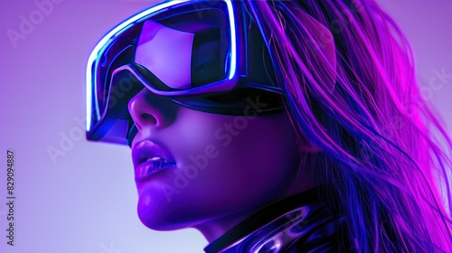 Beautiful girl image in virtual reality glasses in futuristic costume cyberpunk. AI generated image © abdul kahfi